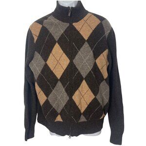 J Crew Argyle Full Zip Lambs Wool Sweater Mens Large Brown Preppy Grandpa